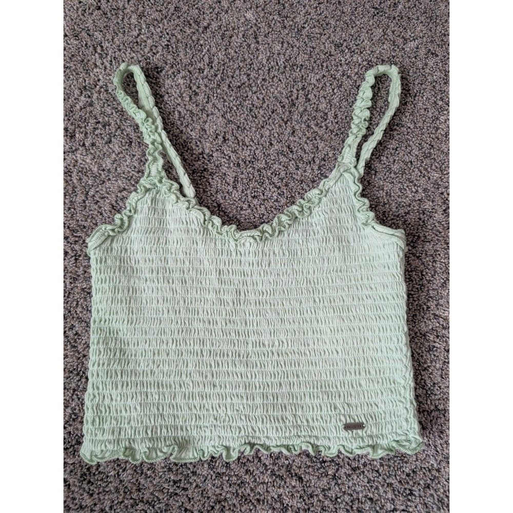 Hollister Light Green Smocked Ruffle Cami Top S Mint Lettuce Edge Cropped Tank